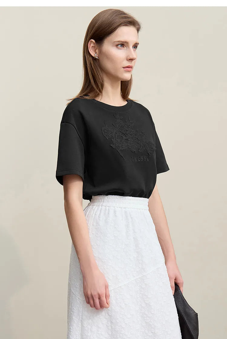 Amii Women's T-Shirt 2026 Summer New Round Neck Drop Shoulder Cotton Tee Lace Embroidered Woman Loose Fit knit Tops 12622048