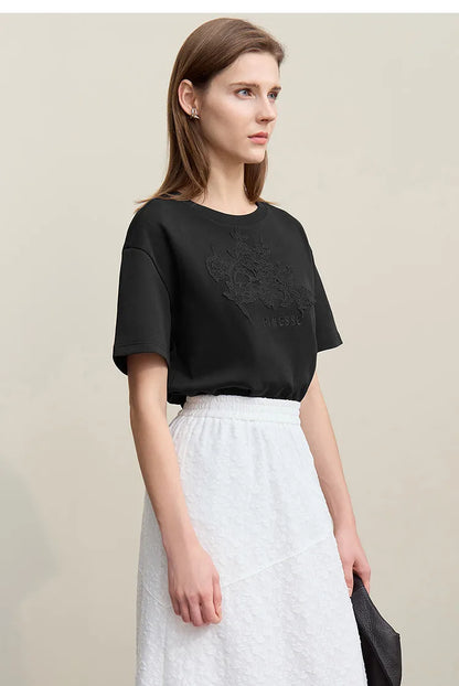 Amii Women's T-Shirt 2026 Summer New Round Neck Drop Shoulder Cotton Tee Lace Embroidered Woman Loose Fit knit Tops 12622048