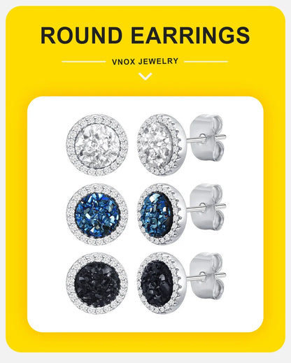 Vnox Black Crystal Round Circle Earrings for Men, Full Blue CZ Stone Ring Stud Earrings, Gothic Simple Piercing Ear Jewelry