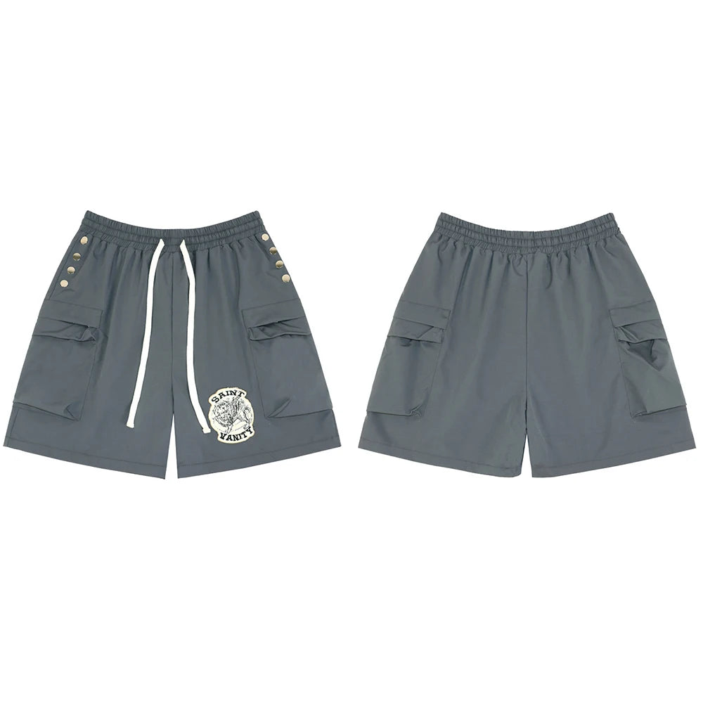 Side Button Embroidery Water Proof Thin Summer Shorts for Men Elastic Waist Drawstring Baggy Quick Dry Five Point Pants