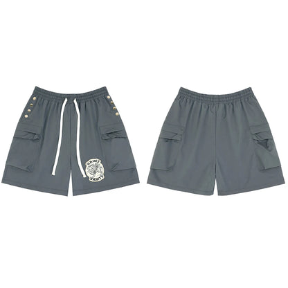 Side Button Embroidery Water Proof Thin Summer Shorts for Men Elastic Waist Drawstring Baggy Quick Dry Five Point Pants
