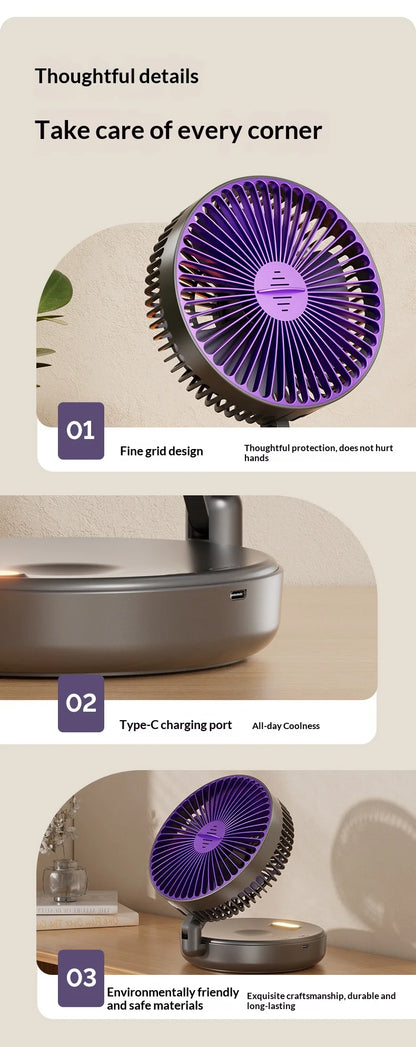 5000mAh Foldable Glow-in-the-Dark Fan Wall Mount Portable Quiet High-Speed Air Circulation Fan for Students Office Desk Fan