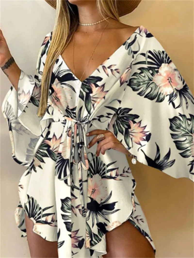 Women Print Dress - V-Neck Mini Sundress With Batwing Sleeve & Ruffle Detail