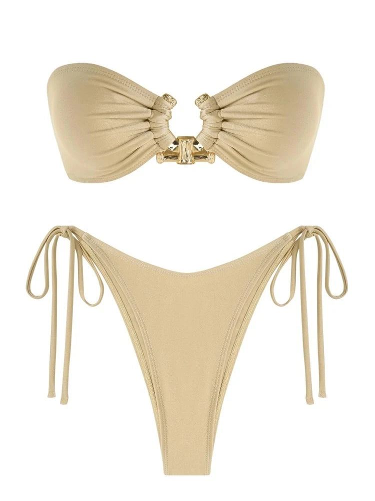 Shiny O Ring Bandeau Bikini - Womens Low Waisted Swimsuit with Padded Bra - ZOOMNSTORE