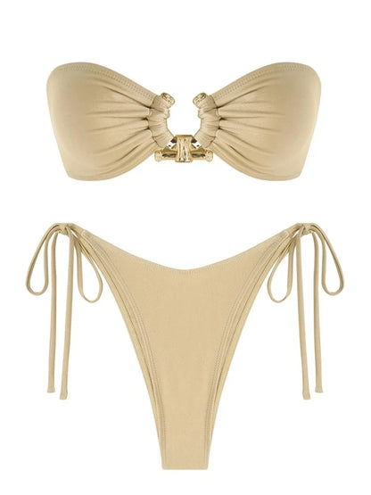 Shiny O Ring Bandeau Bikini - Womens Low Waisted Swimsuit with Padded Bra - ZOOMNSTORE
