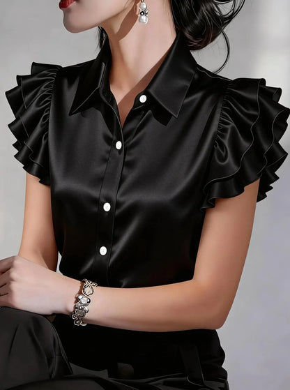 Elegant Satin Button Down Shirt for Women Ruffle Sleeve Collared Office Work Blouse