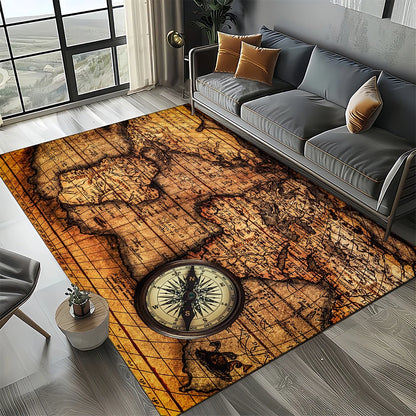 Nautical Map Rug – Retro Marine Compass Carpet | Non Slip Floor Mat for Living Room