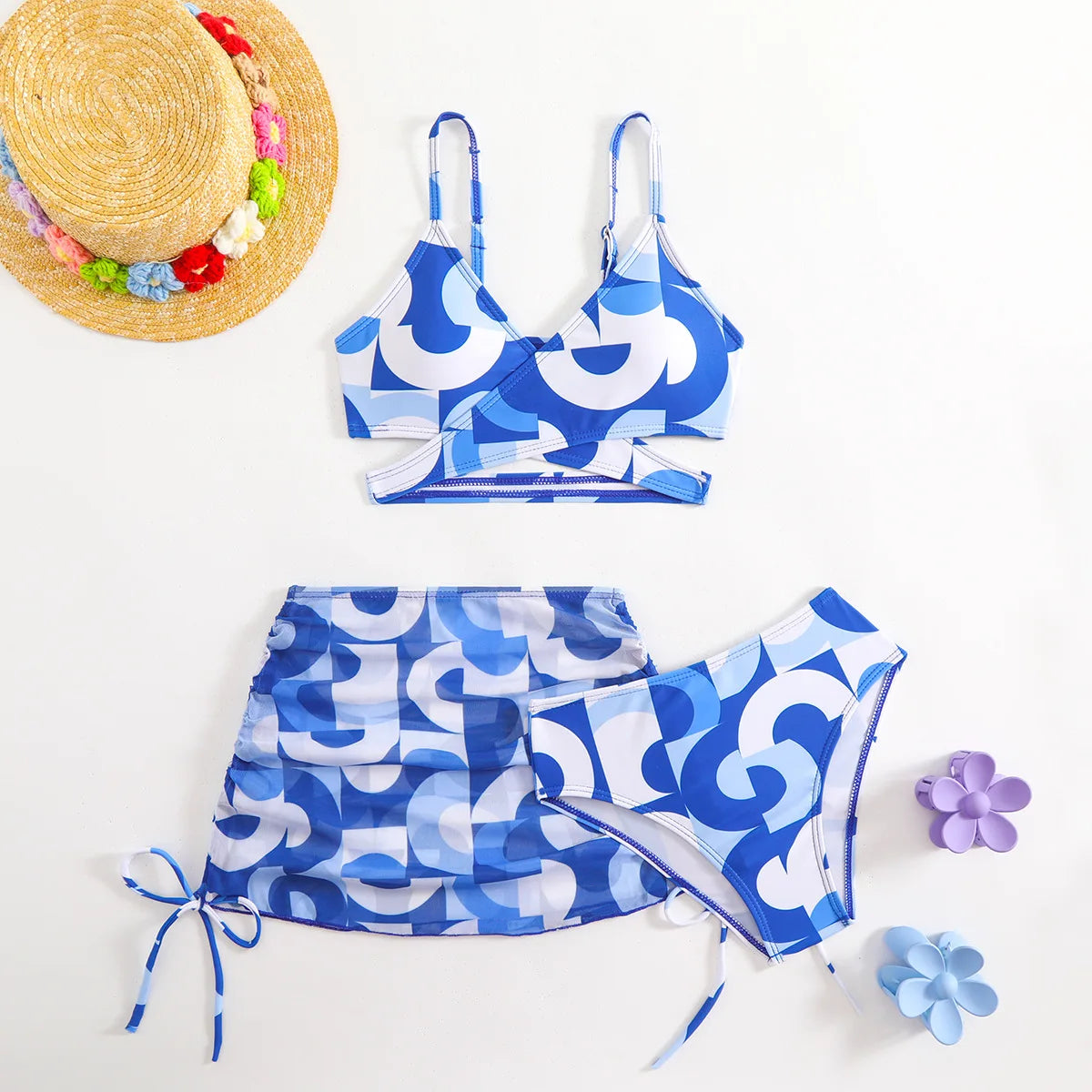 3pcs Swimming Suit for Girls Summer Beach Dress Swimsuit Tie-dye Printed Skirted Bikini Set Kids Bathing Suit