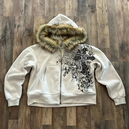 American Style Hip-Hop Style Y2K Autumn and Winter New Item Unisex Thick Print Warm Hoodie Jacket Zipper with Hat