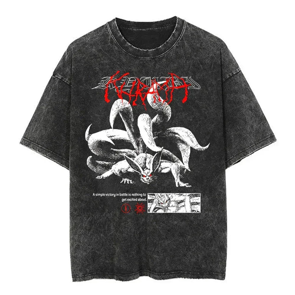 Men Streetwear Tshirt Japanese Naruto Anime Graphic T-Shirt Cotton Harajuku Washed T Shirt Summer Hip Hop Tops Tees Black