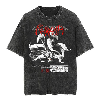 Men Streetwear Tshirt Japanese Naruto Anime Graphic T-Shirt Cotton Harajuku Washed T Shirt Summer Hip Hop Tops Tees Black