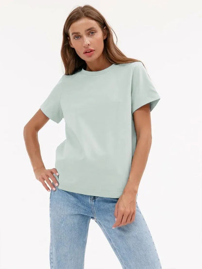 Wolfeel Summer 100% Cotton Women's T-shirt Bottoming Basic Fashionable Solid Lady Short Sleeve Loose Tops Shirts 230g/㎡ Tops