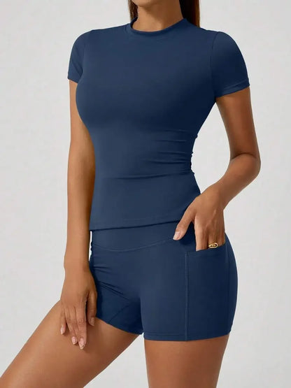 Women's Sweet Sports Short Sleeve High Waist Tummy Control Butt Lifting Shorts Set