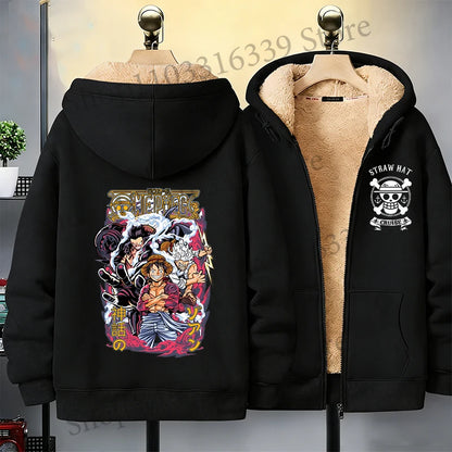 One Piece Man Thick Hooded Jacket Woman Winter Keep Warm Coat Anime Luffy Print Fleece Jacket Thermal Long Sleeve Hooded Clothes