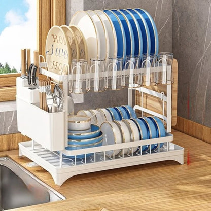 Kitchen Storage Rack - Large Capacity Double Layer Metal Tableware Stand with Drainage