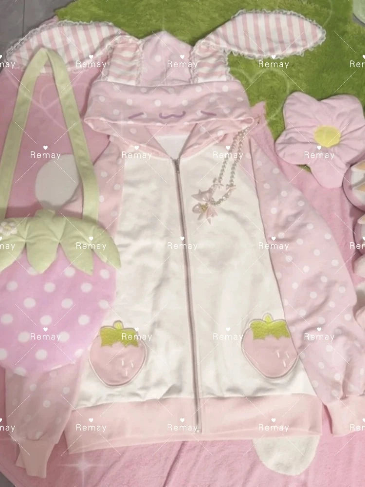 Japanese Kawaii Rabbit Ears Hoodies Tops Women Design Loose Dot Lace Patchwork Cute Coat Harajuku Chic Sweet Lovely Sweatshirts