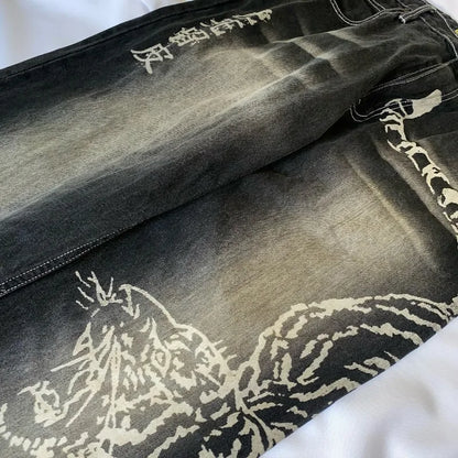 2025 Fashion New Oversized Pattern Printing Baggy Jeans Men Y2K Street Vintage Rock Casual Straight High Waist Wide Leg Trousers