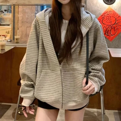 Y2K Vintage Zipper Hoodie Women Long Sleeve Subculture Purple Stripe Priint Harajuku Style Autumn Spting Casual Tops Streetwear