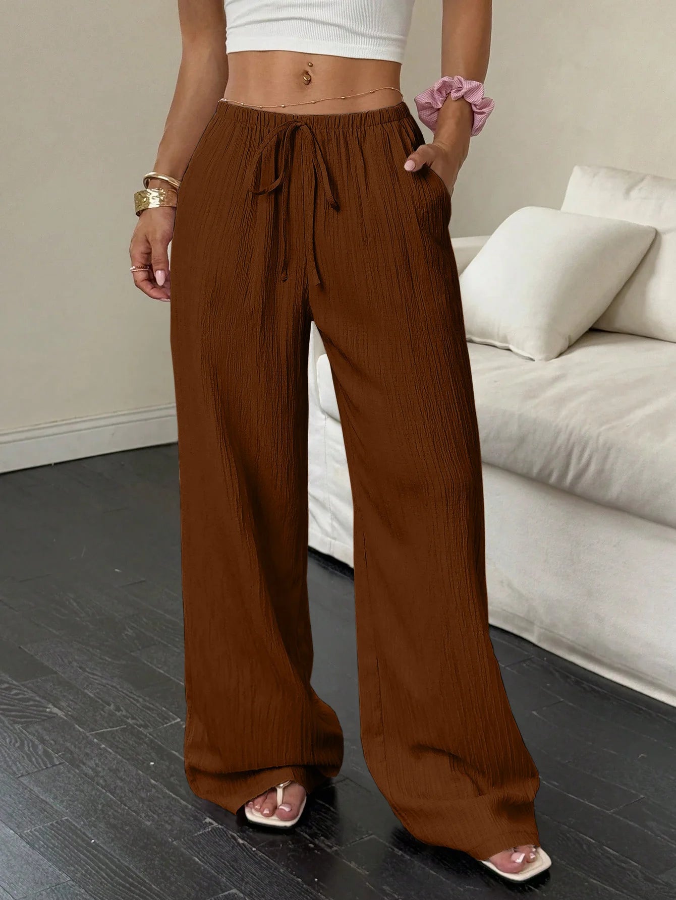 Women's Wide-Leg Cotton-Linen Blend Casual Floor-Length Pants Relaxed-Fit Drawstring Trousers for Home & Strolls