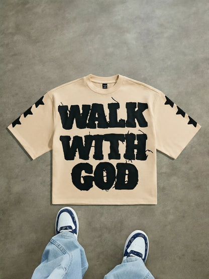 Walk with God Faith Quote Oversized T Shirt Men Women Christian Religious Graphic Short Sleeve Crew Neck Streetwear Tops 2026