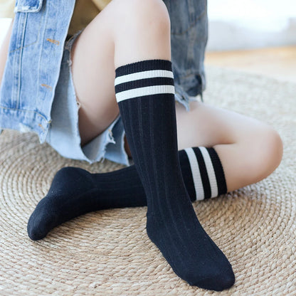 1 Pairs Kids Knee High Long Socks Autumn Winter Warmth Soft Cotton Children School Stocking Black White Stripes Sports Socks