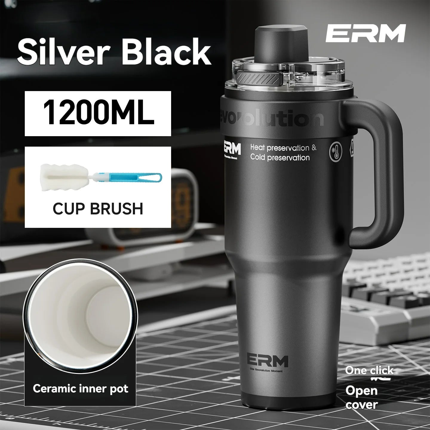 1200ML Extra Large Tumbler Ceramic Drinkware Stainless Steel Water Bottle Insulated Vacuum Flask Straw & Handle Leakproof Mug