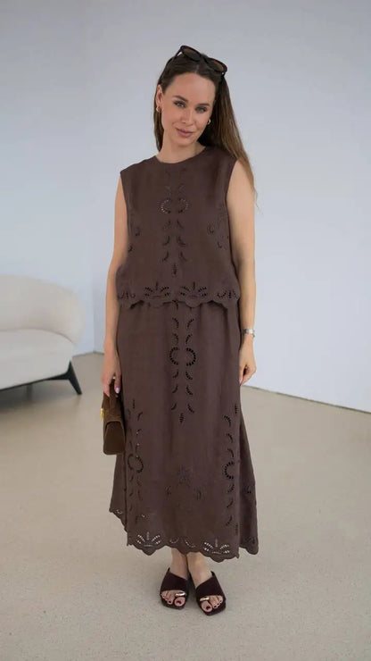 FSLE【Premium Series】Summer Women Linen Two Piece Set Cut-Out Embroidered Sleeveless Top Midi Skirt Boho Beach Vacation Style