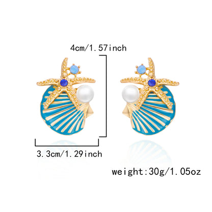 Exaggerated Metal Starfish Shell Pearl Necklace for Women Summer Ocean Coral Scallop Pendant Necklace Boho Beach Jewelry Gift