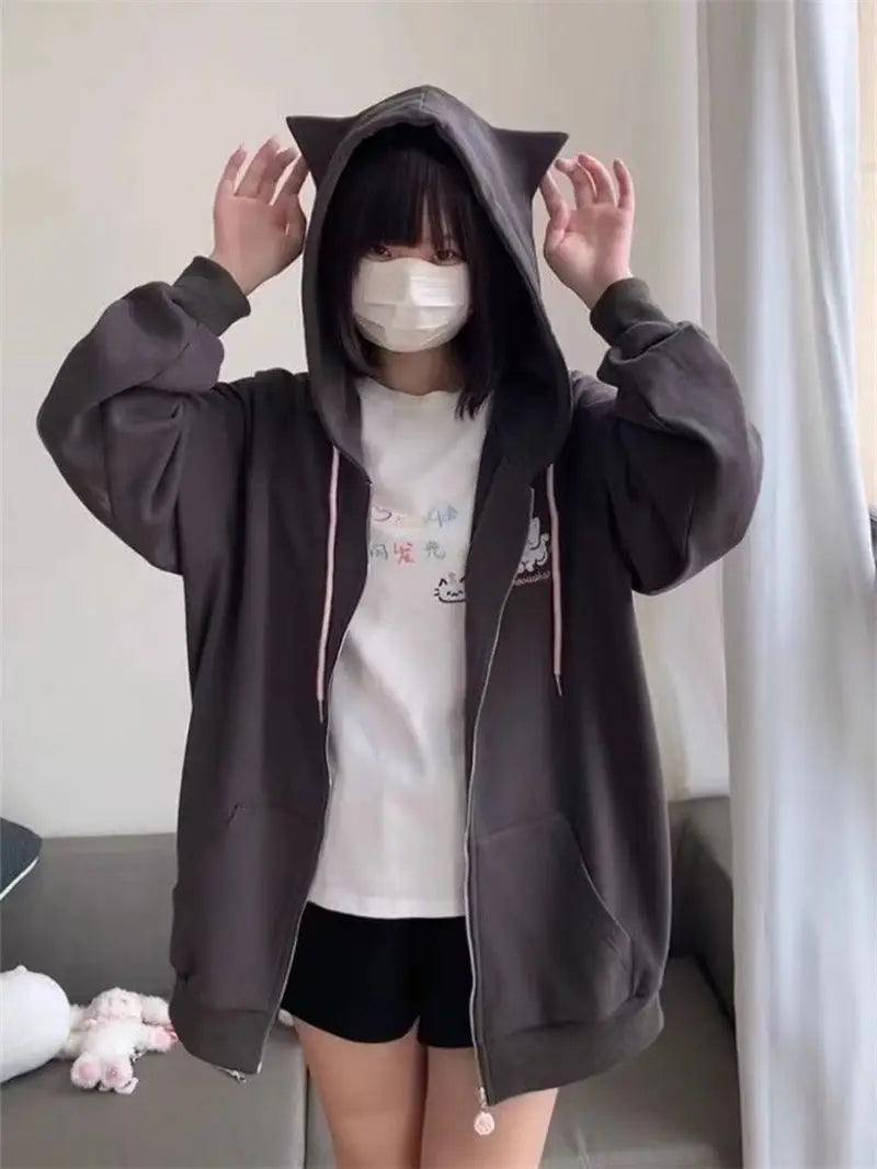 Zipper Hoodie Gothic Cartoon Kawaii Cat Ear Y2k Jacket Zip Up Thin Coat Spring Autumn Cute Core 2000s Clothes Fall Sweatshirts