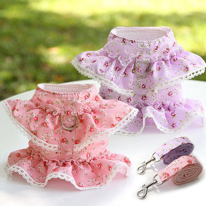 Lace Floral Dog Cat Harness Leash Set For Small Dogs Dress Cute Adjustable Pet Harness Vest Breathable Mesh Running Walking Lead