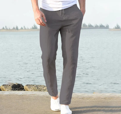 New Men Cotton Linen Pants Summer and Autumn Solid High Waist Wide-Leg Trousers Male Loose Hemp Casual Breathable Sports Pants