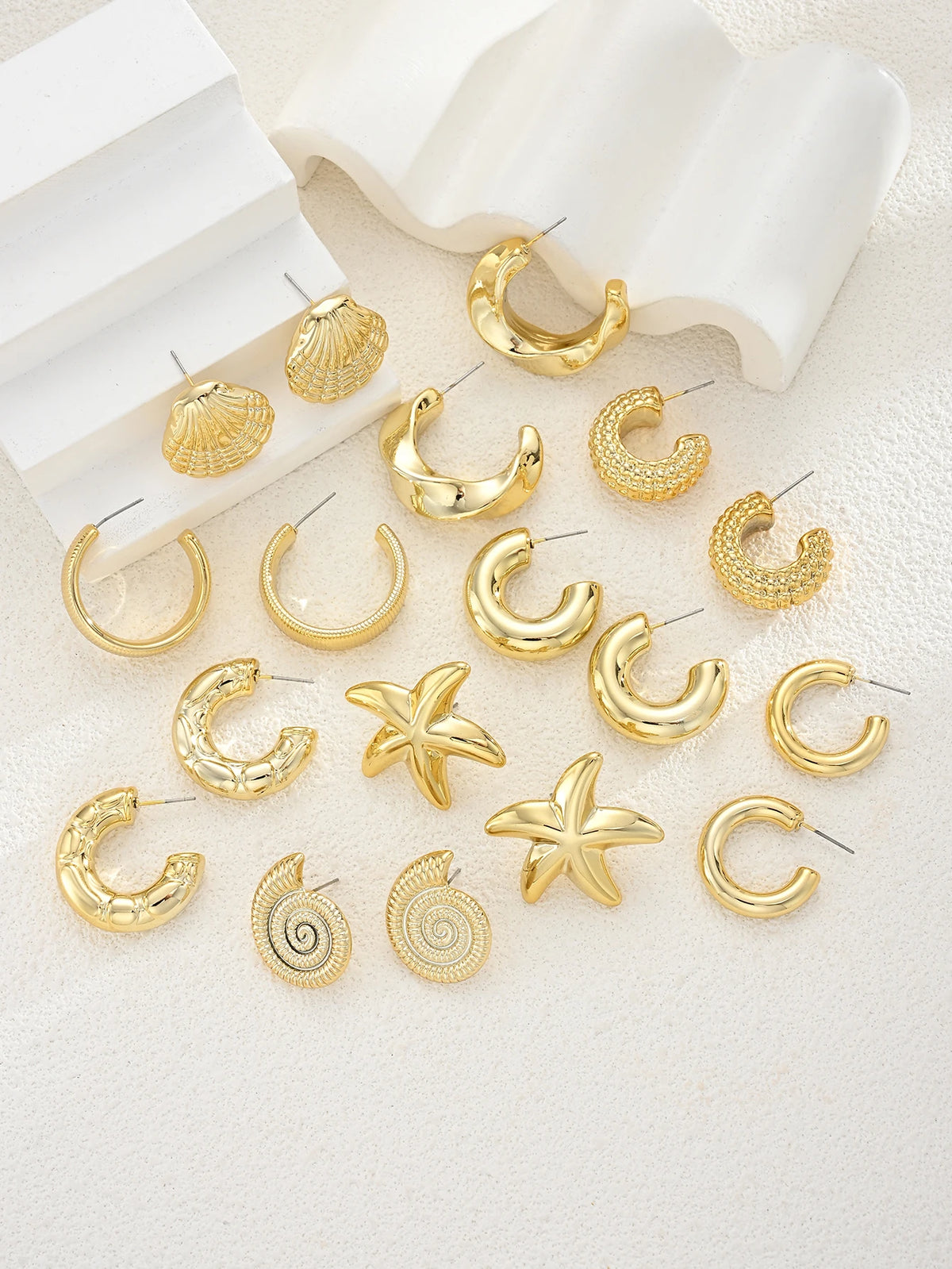 18-Piece Ocean Earring Set – Gold Starfish, Shell & Conch Hoops