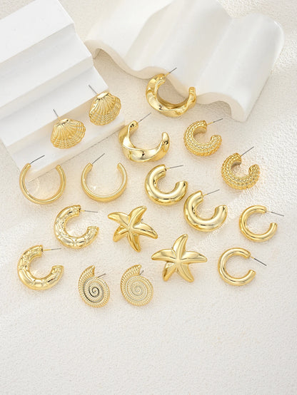 18-Piece Ocean Earring Set – Gold Starfish, Shell & Conch Hoops