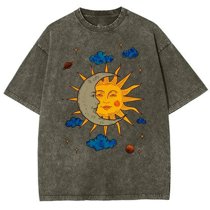 Men's Oversized T-Shirt - Retro Printed Tee With Moon And Sun Print, Breathable Cotton