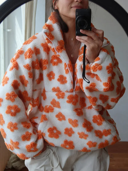 Fleece Flower Sweatshirt For Women 2025 Autumn Winter New Fashion Hoodies Warm Fur Top Zipper Pullovers Casual Outwear