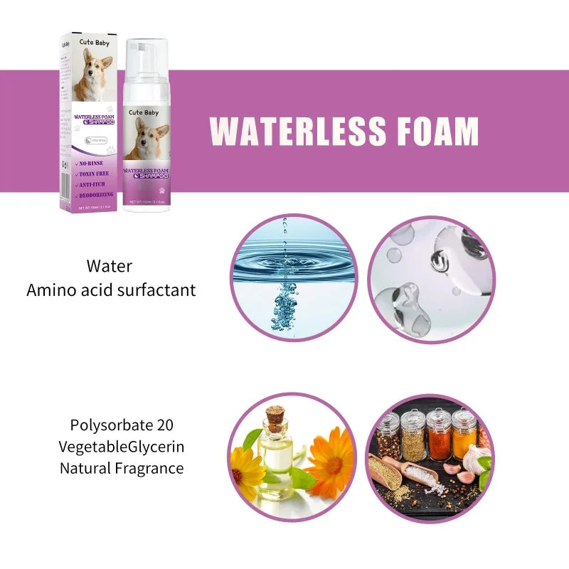 Water Free Dry Cleaning Mousse for Cats Dogs No Rinse Foam Spray Shampoo with Deodorizing Deep Cleaning Gentle Bath Gel