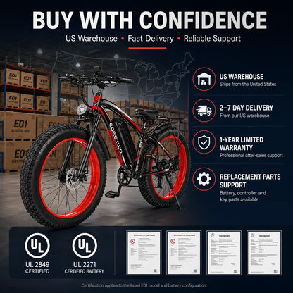 EOEOTWO 26" Fat Tire Electric Bike for Adults, 1000W Motor 1500W Peak, 48V 15Ah Battery, 34 MPH Max Speed, Up to 60 Miles Long Range