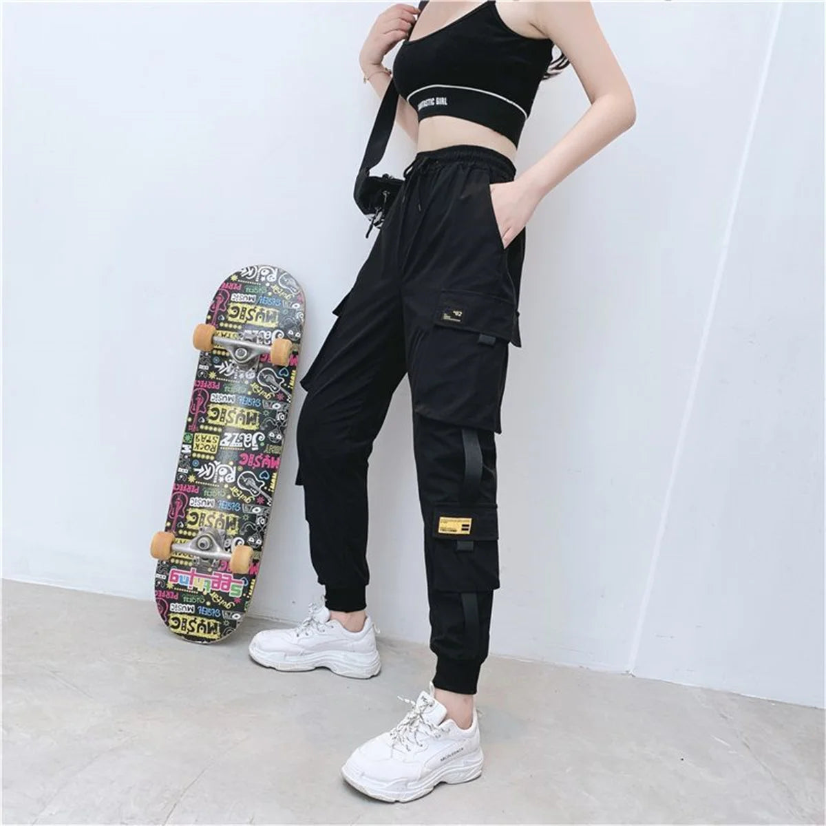Black Cargo Pants Women Casual Joggers High Waist Loose Female Hip Hop Trousers Korean Punk Pants Funny Capri Streetwear Femme