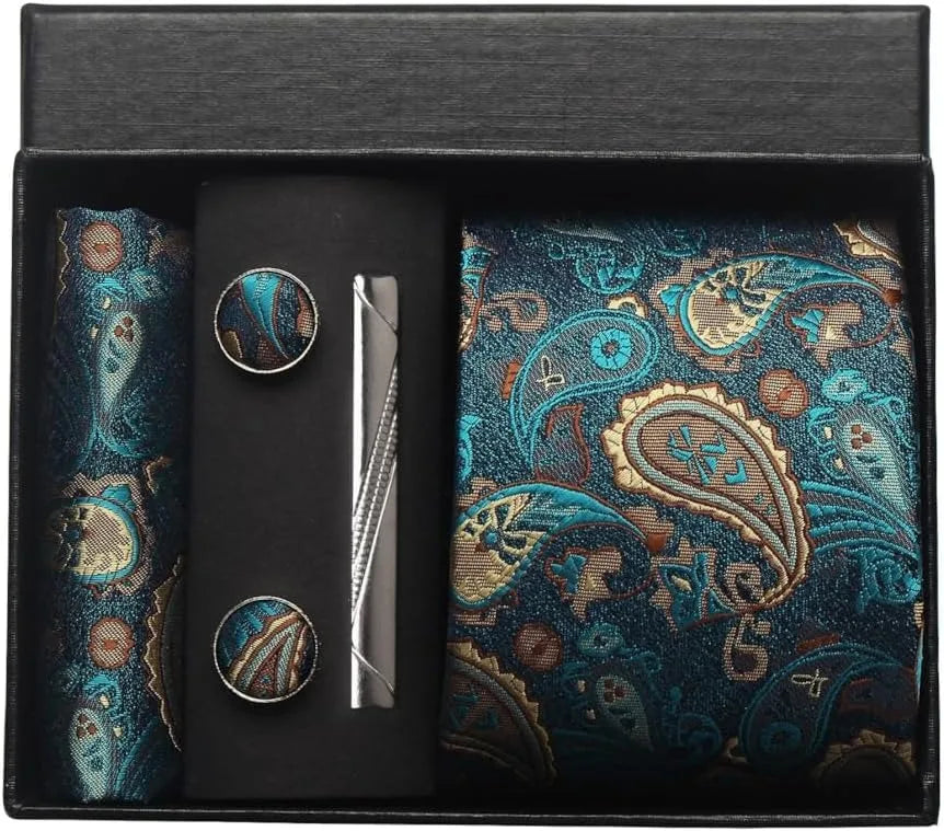 Silk Necktie Set - Paisley Floral Tie with Pocket Square Tie Clip  Cufflinks for Men in Gift Box