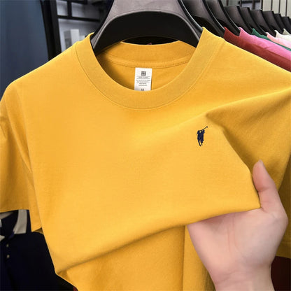 Xiaoma Embroidery Casual Pure Cotton Short Sleeved T-shirt for Young Men, Round Neck Solid Color T-shirt for Men