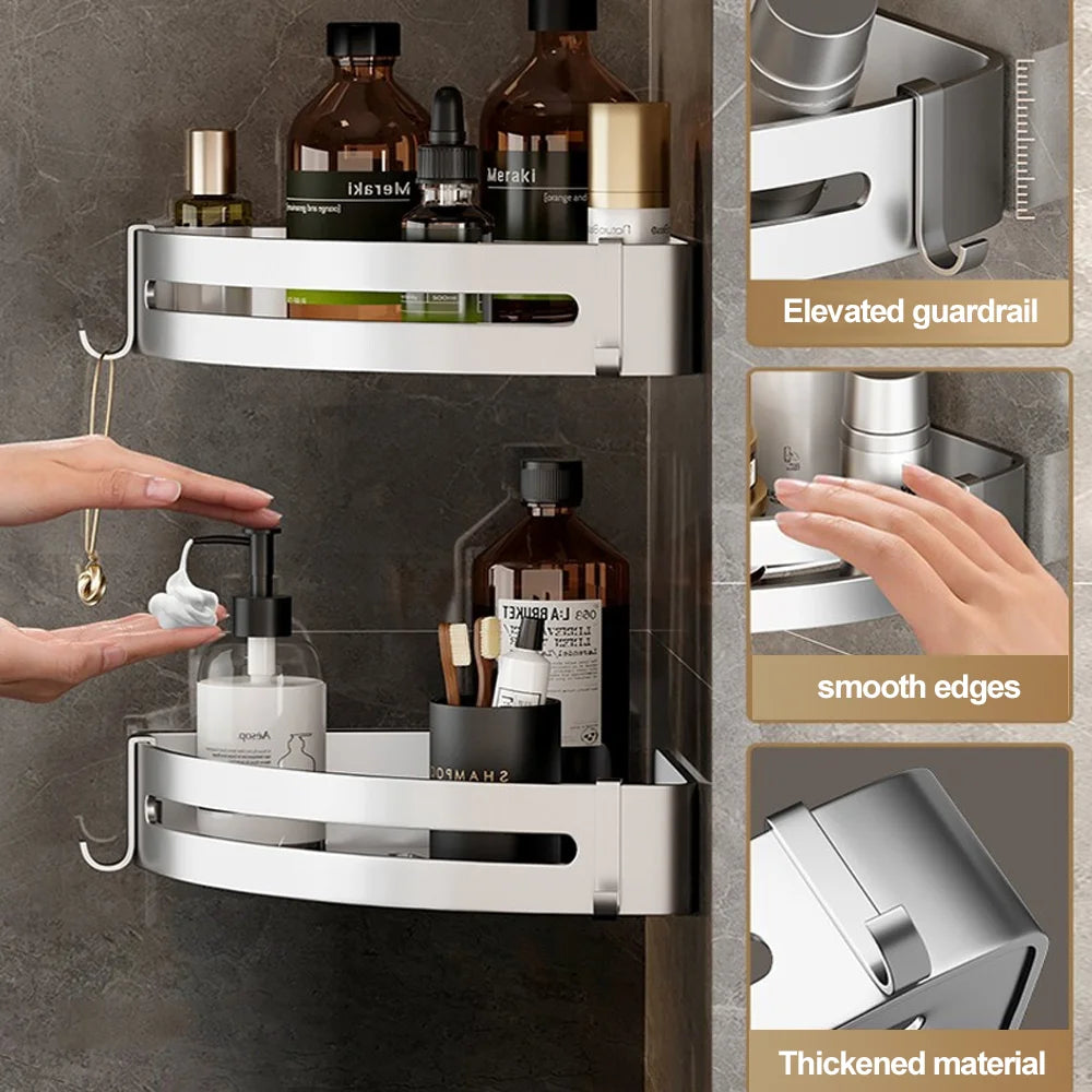 Aluminum Corner Shower Rack - Wall Mounted Bathroom Storage Organizer