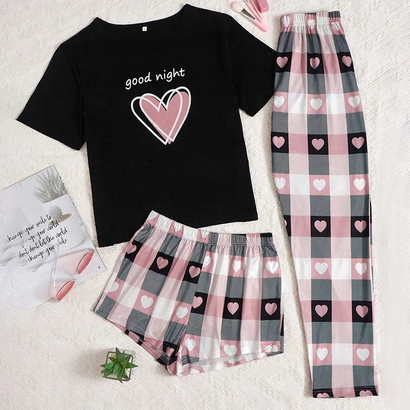 Women's Short Sleeve Crew Neck Top With Shorts And Pants 3 Piece Loungewear Sleepwear Lounge Sets Nighty Print Casual Pajama Set