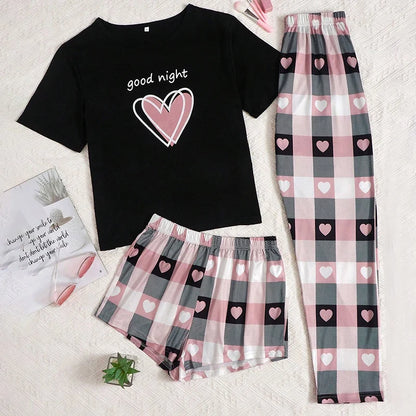 Women's Short Sleeve Crew Neck Top With Shorts And Pants 3 Piece Loungewear Sleepwear Lounge Sets Nighty Print Casual Pajama Set