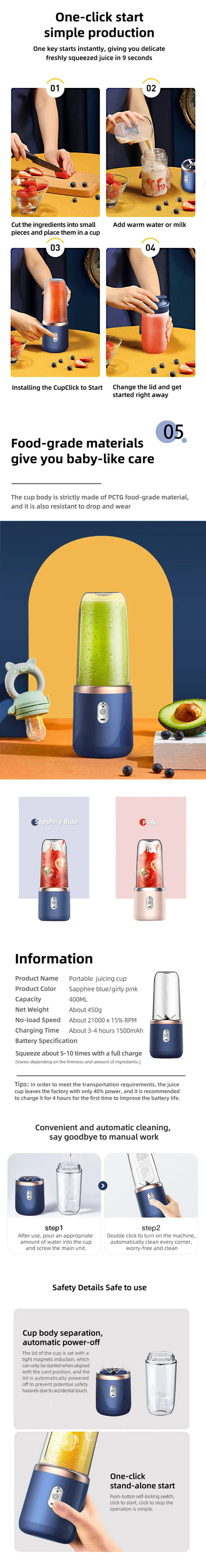 Portable USB Fruit Juicer Blender - 2 Cups 6 Blades Wireless Mixer
