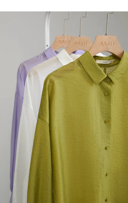 AMII Minimalist Blouse for Women 2023 Autumn Lantern Sleeve V-Neck Slightly Transparent Elegant Commuter Clothing Tops 72341030