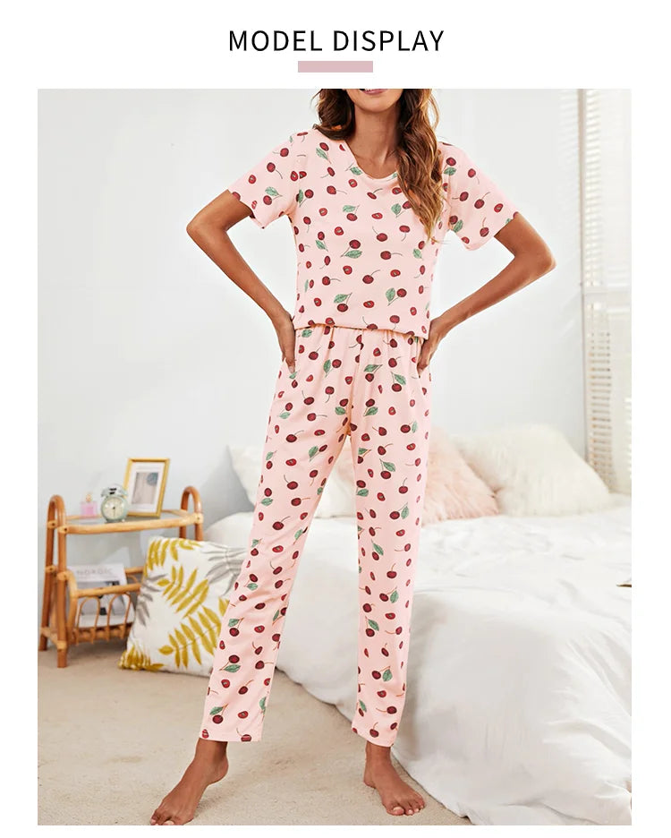 Women's Pajamas Set Spring Autumn New Short Sleeve Trousers Sleepwear Casual Flower Print Pajamas Woman Home Clothes Pyjama Suit