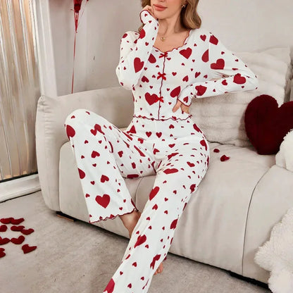 Pajamas 2 Piece Sets Women Sleepwear Loungewear Suit Top Pants Heart Print Bow Trousers Autumn Ensemble Nightwear Outfits
