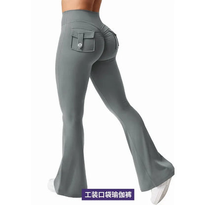 The Latest Women's Wide-leg High-elasticity Yoga Leggings Tooling Pockets Yoga Pants Hip-lifting Sports Fitness Pants Micro