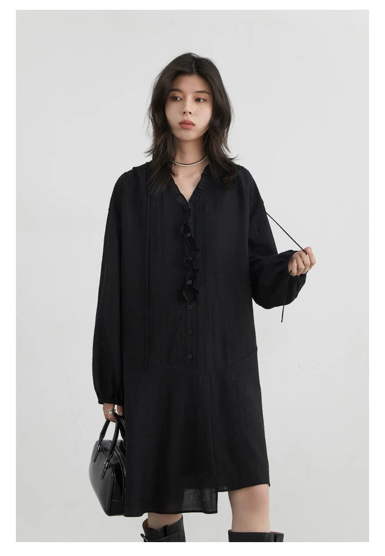 Women Loose Dress - Casual V-Neck Long Sleeve A-Line Knee Dress With Ruffled Lantern Sleeves