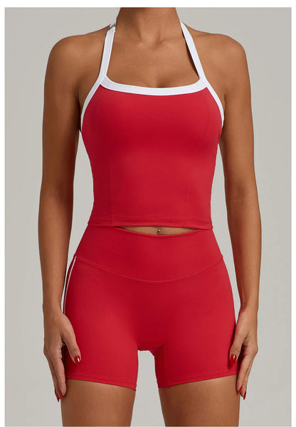 Fashion Patchwork Skinny Shorts Set Gym Women Workout Clothing Summer Sleeveless Backless Fitness Sport Suit Women Sportwear Red
